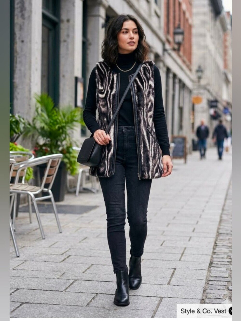 Style & Co Macy's Faux Fur Animal Print Momnt In Time Black White Vest XS